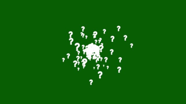 Question mark animation with white symbols on green screen, looping question mark confused dizzy, animation of a lot of white question mark moving, Stylized confused effect question mark animation.4k
