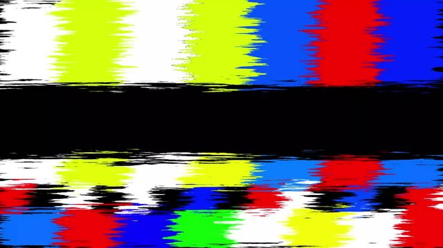 Vintage television test card with color bars and electronic broadcast signal interferences digital glitch distortion animation loop for retro media projects and analog transmission effects