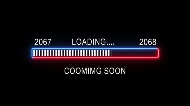 Futuristic neon glowing loading bar progress indicator animation transitioning from year 2067 to 2068 with digital glitch effect and upcoming release text on black background, for digital projects
