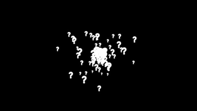 Questions marks animated flying particles explosion videos, white question mark symbol, hand drawn white chalk question marks animation on black background, falling question marks.4k video