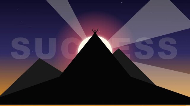 Silhouette of a person standing on mountain peak with success text and sunrays