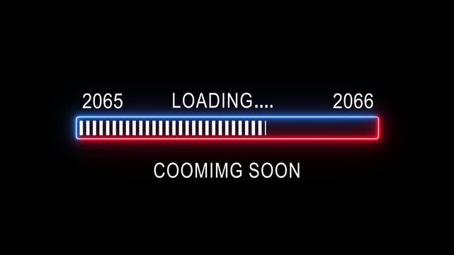 Futuristic neon loading progress bar animation with cyberpunk digital glitch effects and 2065 to 2066 year transition text displaying coming soon on black background, for tech projects