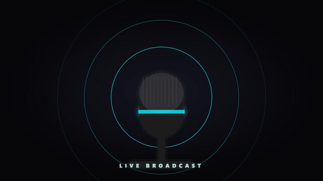 Animated microphone with live broadcast text and sound waves graphic