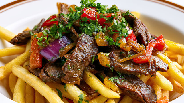 lomo saltado beef dish with fries and garnishes