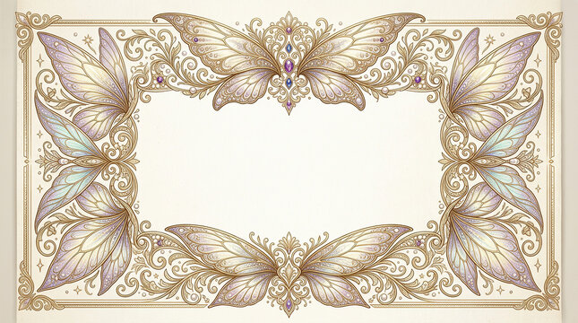 Ethereal fairy wing frame decorated with sparkling gemstones and golden filigree.