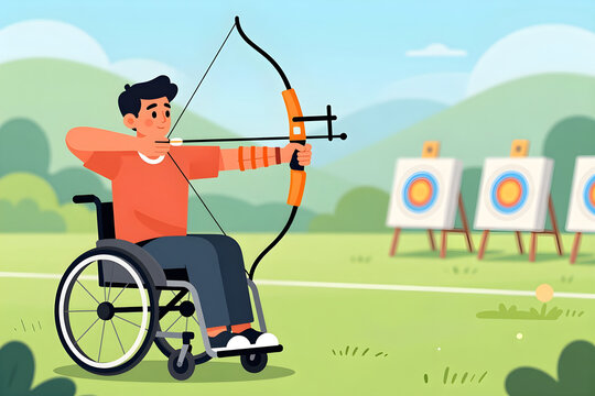 Young Asian man in wheelchair practicing archery outdoors flat vector illustration