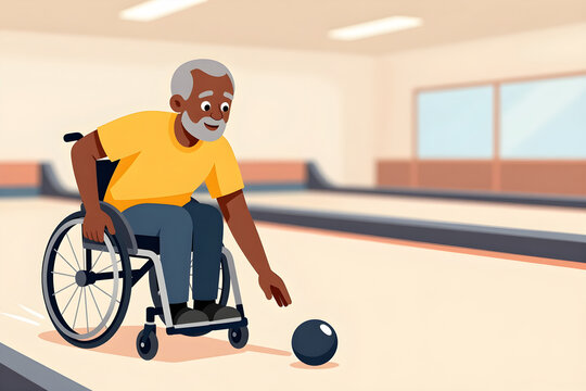 Elderly Black man in wheelchair playing bocce ball flat vector illustration