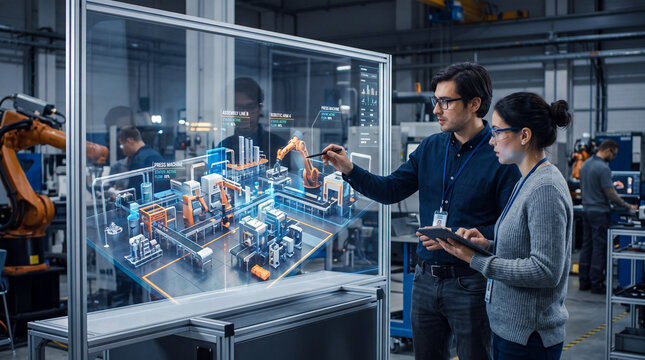 Professional engineers analyzing a digital twin on a transparent glass display in a factory