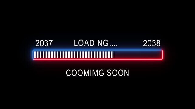 Futuristic neon loading progress bar animation counting down years from 2037 to 2038 with digital glitch effects and coming soon text on dark black background, for web and, media projects