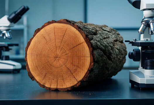 Dendrochronology and wood science research, tree ring analysis with microscope in laboratory for forestry sustainability and climate change study