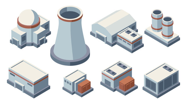 Isometric icons of industrial and nuclear power plants for presentations and infographics