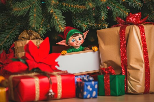 A mischievous elf figurine hiding among the gifts under a christmas tree for an xmas holiday event feast
