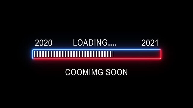 2020 to 2021 new year loading progress bar animation with glitch effect and neon glow on black background