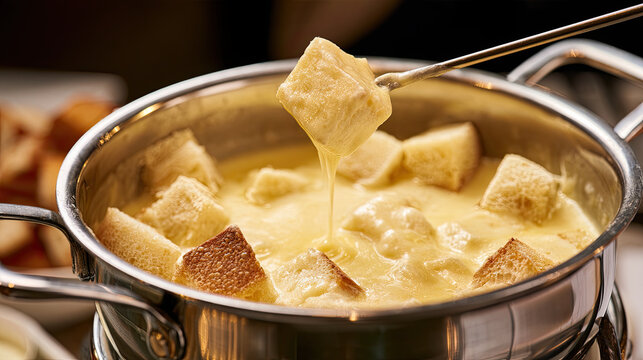 fondue pot with bread cube dipping into molten gruyere cheese