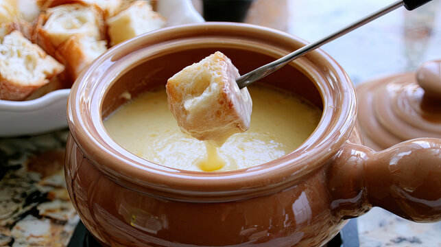 fondue pot with bread cube dipping into molten gruyere cheese