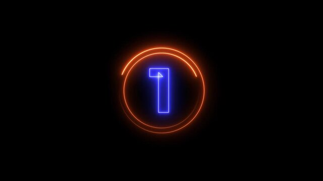 Glowing neon 5 second countdown timer, digital circular animation from 5 to 0 seconds on black background.