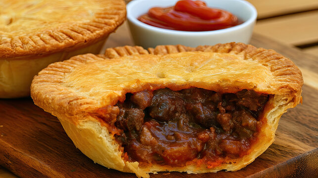 australian meat pie with flaky crust and ketchup drizzle