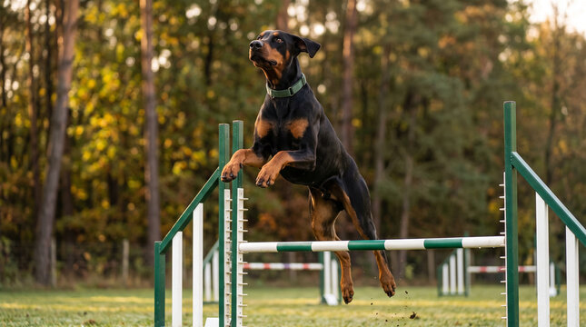 Doberman Pinscher leaping agility