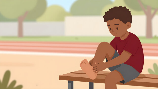 African American boy sitting on a bench rubbing his foot flat vector illustration