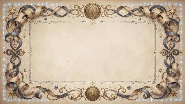 fantasy parchment scroll border frame with runic glow and ornate ribbons for ancient document design.