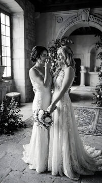 Two smiling and emotional brides holding a bouquet near a stone window in black and white