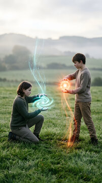 Two young people channeling glowing magical energy spheres in a green field