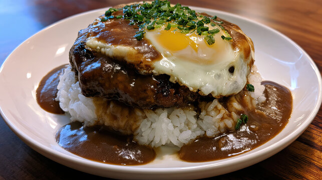 transparent loco moco with gravy served over rice and egg