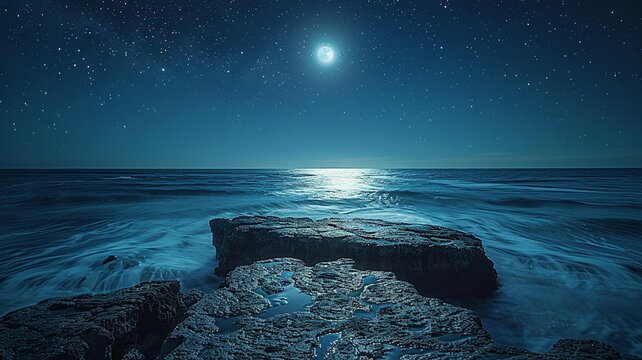 Full moon shining over ocean waves with rocky shore at night