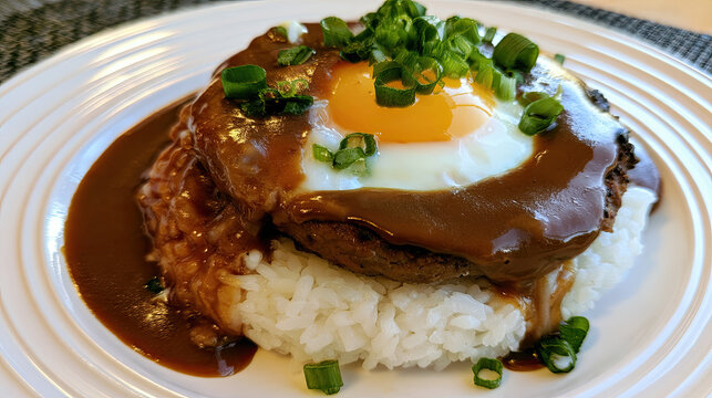 transparent loco moco with gravy over rice and egg