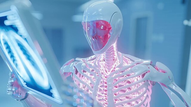 Futuristic robotic doctor analyzing chest X-ray in hospital environment