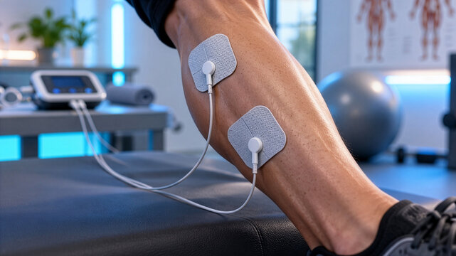 Athlete Calf Muscle with Electrical Stimulation TENS Electrodes During Physical Therapy and Rehabilitation Session