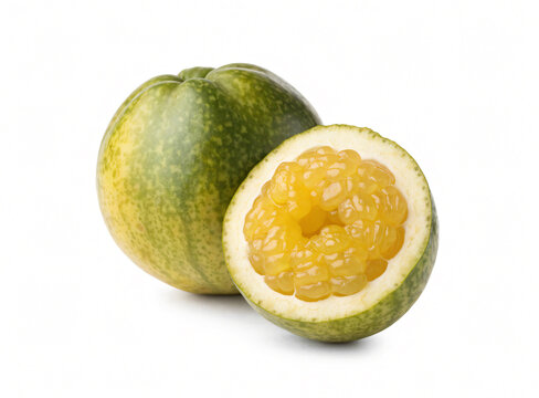 Whole and halved bael fruit with green rind and yellow pulp