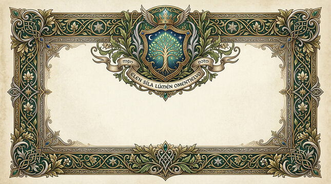 Ornate elven crest border template on cream paper background for decorative fantasy projects.