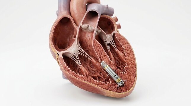 Leadless pacemaker implanted in a human heart cross section medical illustration 3D rendering