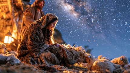 Obraz premium Wide cinematic Nativity scene showing the Holy Family gathered around newborn Jesus Christ in a simple manger, Mary seated beside the baby and Joseph standing protectively nearby, peaceful sheep res