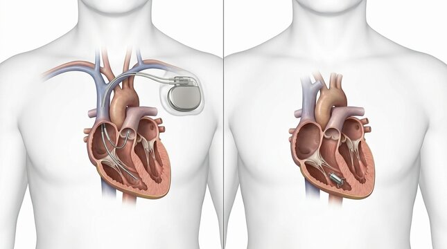 Medical Illustration Comparing Traditional Transvenous Pacemaker and Leadless Cardiac Pacemaker