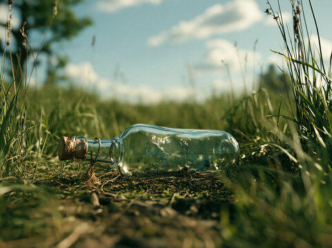 Empty glass bottle lying in grass field

Close up of empty clear glass bottle with cork lying on ground in green meadow. Sunny summer day nature background with blue sky.
