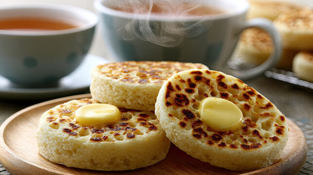 transparent buttered crumpets with tea steam on a british morning