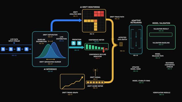 Technical Infographic of an AI Drift Monitoring System Showing Data Distribution Analysis and Model Calibration Processes for Machine Learning