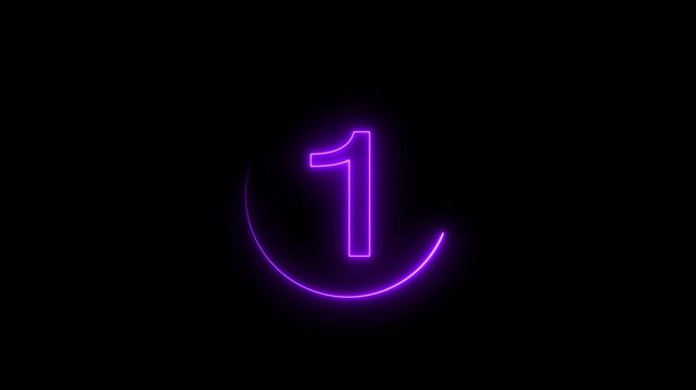 5 second countdown timer animation with neon number text glowing from 5 to 0 with interesting circle animation. Circle countdown timer 5 sec animation on black background.