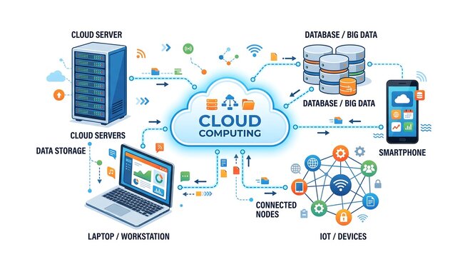 ** Cloud Computing Network Illustration with Devices and Data Icons for Technology and IT Solutions