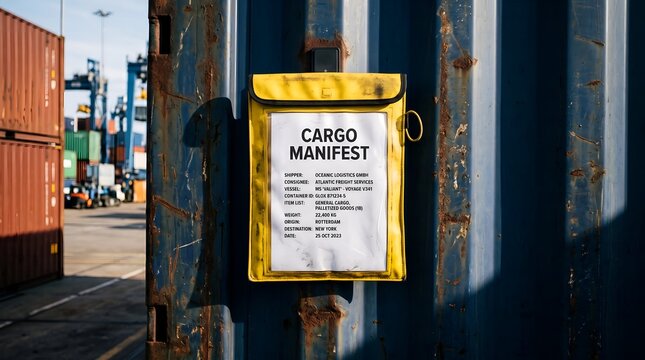 Yellow Documentation Pocket Attached to a Corrugated Metal Shipping Container at a Busy Port Terminal