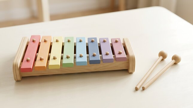 wooden xylophone musical instrument for kids with colorful bars and two mallets.