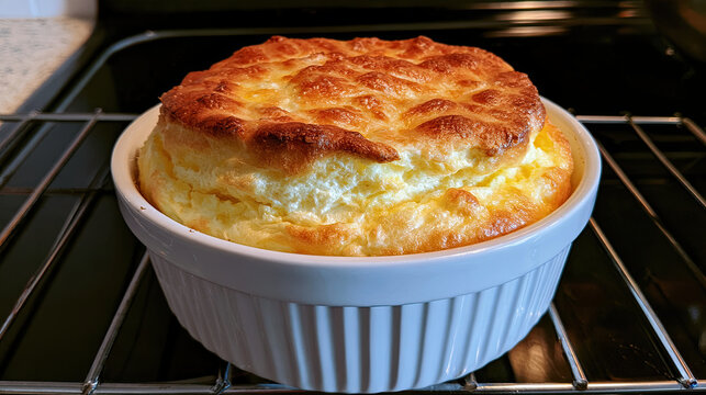 cheese souffle rising in ramekin with golden crust