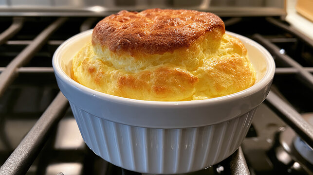 cheese souffle rising above ramekin with a delicate fluffy top