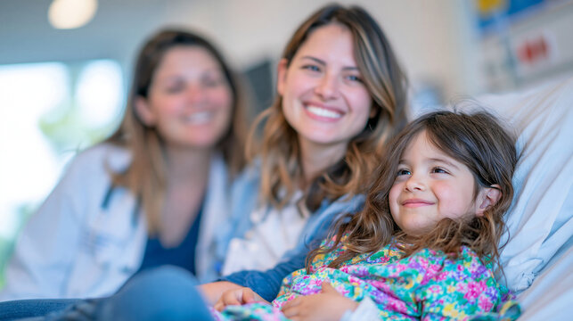 Hispanic child with family member consulting with a friendly pediatrician and nurse in a bright hospital room, healthcare professionals explaining follow-up care while the child listens calmly, fami
