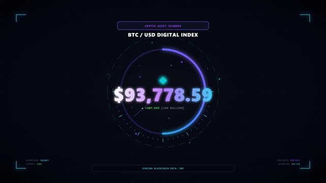 Futuristic Digital Interface Showing Rising Bitcoin BTC to USD Price Index with High Tech HUD Elements and Bullish Market Data for Cryptocurrency Trading and Financial Blockchain Analytics