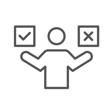 A simple human figure is deciding between check and cross symbols, representing choice, evaluation, approval, and rejection.