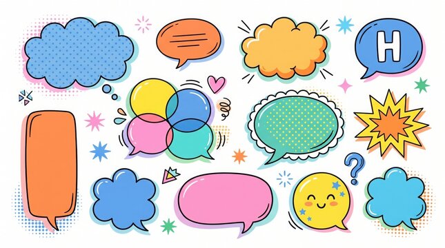 Y2K scrapbook speech bubble elements set. Vector colorful hand drawn doodle chat balloons, retro comic labels, stickers and abstract shapes for social media and graphic design