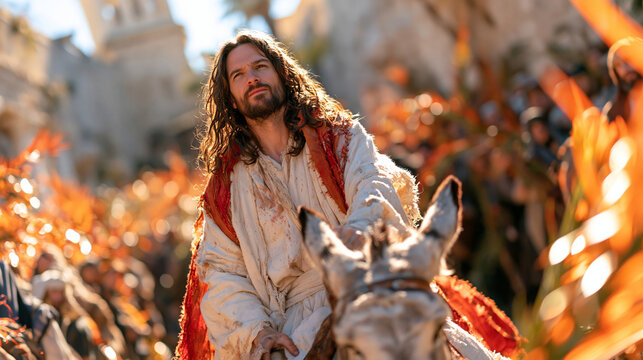 Powerful biblical depiction of Jesus Christ riding a donkey through ancient Jerusalem during the Triumphal Entry, enormous devoted crowd filling the street with vibrant palm branches, humble Jesus a